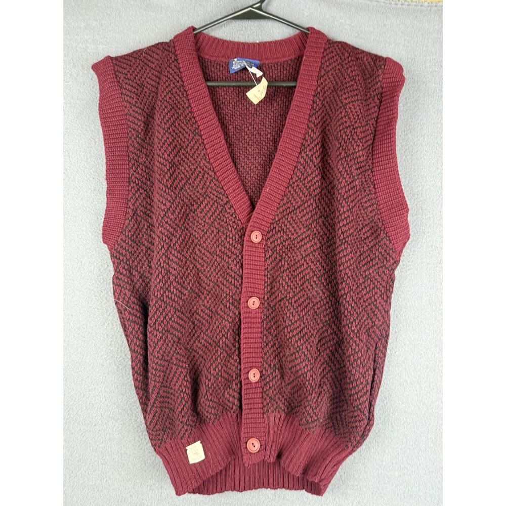 NWT Vintage Edison Sweater Grandpa Vest Red Black Herringbone USA Made Deadstock